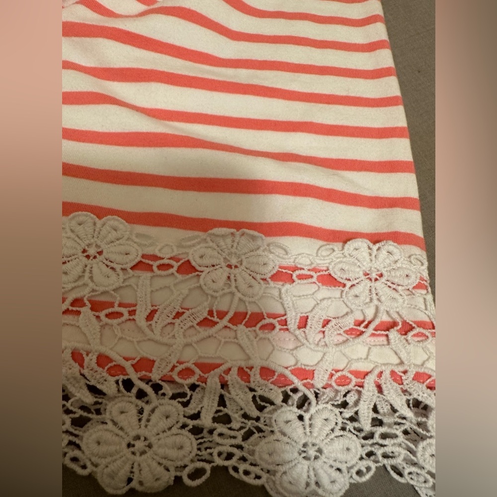 Denim & Co. Top Women’s Size 2X Striped Pink/ White 3/4 Sleeve With Lace Trim - Picture 6 of 7